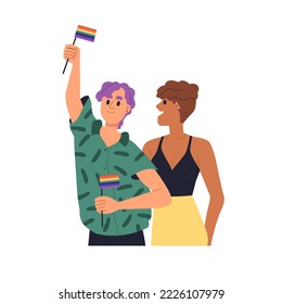 Pareja de amor, mujeres lesbianas con banderas de arco iris. Chicas homosexuales felices en relaciones románticas. Amantes de las novias LGBT, parejas modernas. Ilustración vectorial plana aislada en fondo blanco