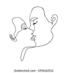 Love Couple Line Art. Minimalist Man And Woman Faces, Continuous Linear Kiss Drawing. Vector Abstract Illustration