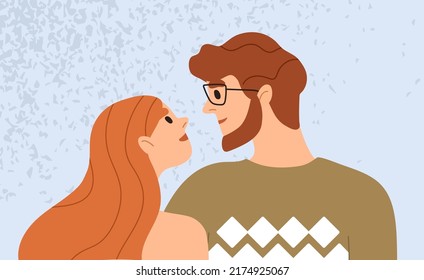 Love couple looking at each other. Romantic relationships of young woman and man. Two lovers profile. Happy girl and guy. Sweet charmed boyfriend and enamored girlfriend. Flat vector illustration