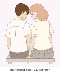 In love couple looking at each other, sitting together on bench, back view. Romantic date. Hand drawn flat cartoon character vector illustration.