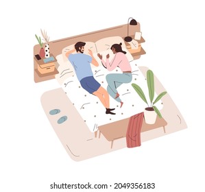 Love couple lying in bed and talking. Happy man and woman relaxing in bedroom at home together. Husband and wife resting and chatting at leisure. Flat vector illustration isolated on white background