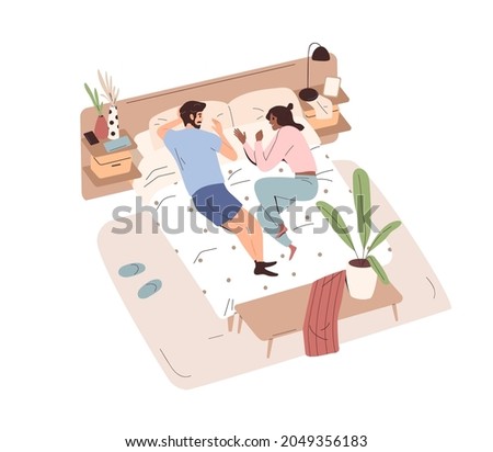 Love couple lying in bed and talking. Happy man and woman relaxing in bedroom at home together. Husband and wife resting and chatting at leisure. Flat vector illustration isolated on white background