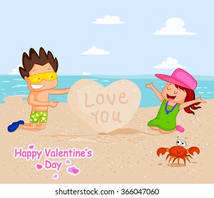 Love couple making heart shape with sand for Valentine's day in vector
