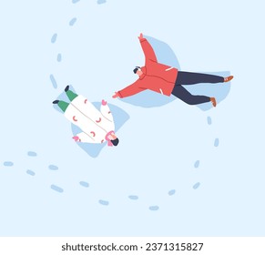 Love couple making snow angels prints, lying in snowdrift. Romantic date on winter holiday. Happy man and woman valentines, outdoor fun in cold weather, wintertime frost. Flat vector illustration