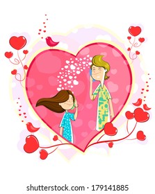Love couple making telephone call in heart shape
