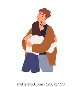 Love couple of man and woman hugging. Girlfriend and boyfriend embracing and supporting each other. Romantic relationships between people. Colored flat vector illustration isolated on white background