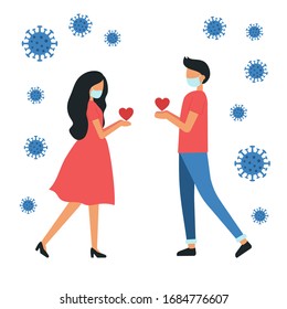 Love couple with medical face masks. Сoronavirus. Trendy flat vector illustration for dating site.