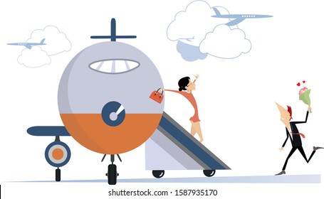 Love couple meeting in the airport illustration. Airport, love couple, bunch of flowers and heart symbols isolated illustration
