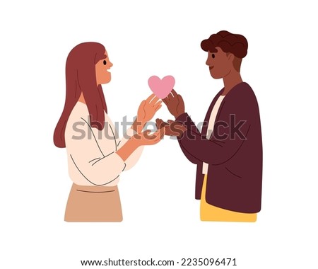 Love couple of mixed different race. Interracial man and woman in romantic relationship. Happy biracial partners, wife and husband. Flat graphic vector illustration isolated on white background.