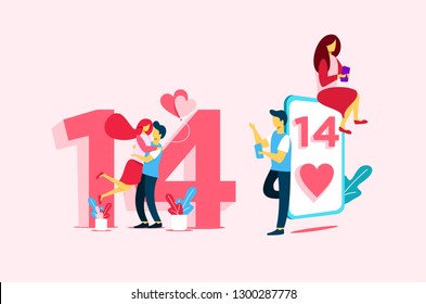 love couple in mobile phone sent pink heart and love gift.design for Valentine's day festival on pink background. Vector illustration. landing page banner presentation card illustration.