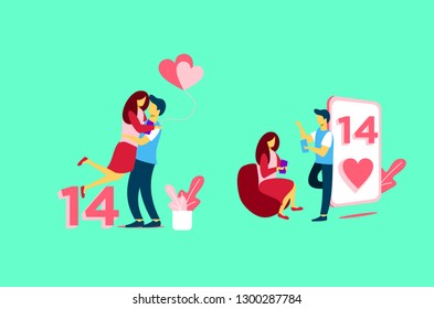 love couple in mobile phone sent pink heart and love gift.design for Valentine's day festival on pink background. Vector illustration. landing page banner presentation card illustration.