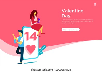 love couple in mobile phone sent pink heart and love gift.design for Valentine's day festival on pink background. Vector illustration. landing page banner presentation card illustration.