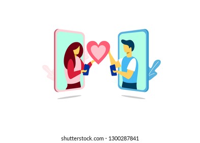 love couple in mobile phone sent pink heart and love gift.design for Valentine's day festival on pink background. Vector illustration. landing page banner presentation card illustration.