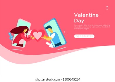 love couple in mobile phone sent pink heart and love gift.design for Valentine's day festival on pink background. Vector illustration. landing page banner presentation card illustration. - Vector 