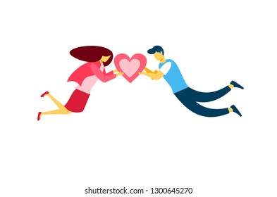 love couple in mobile phone sent pink heart and love gift.design for Valentine's day festival on pink background. Vector illustration. landing page banner presentation card illustration. - Vector 