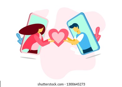 love couple in mobile phone sent pink heart and love gift.design for Valentine's day festival on pink background. Vector illustration. landing page banner presentation card illustration. - Vector 