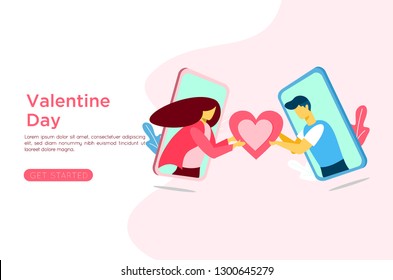 Love Couple In Mobile Phone Sent Pink Heart And Love Gift.design For Valentine's Day Festival On Pink Background. Vector Illustration. Landing Page Banner Presentation Card Illustration. - Vector 