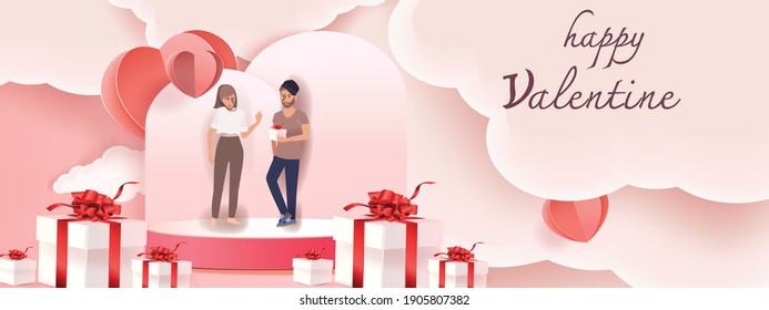 love couple in mobile phone sent gift pink heart and love pink background Valentine's day festival. Vector illustration.paper art style.boy friend and girl friend .chat and social