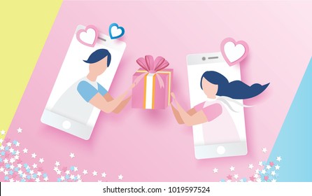 love couple in mobile phone social media sent pink heart and love gift.design for Valentine's day festival on pink background. Vector illustration.paper art style.