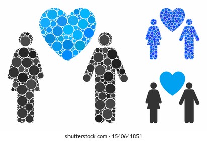 Love couple mosaic of filled circles in variable sizes and color hues, based on love couple icon. Vector filled circles are united into blue mosaic. Dotted love couple icon in usual and blue versions.