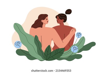 Love Couple Of Naked Woman. Romantic Sexual Intimate Relationship Between Biracial Females. Lesbian Homosexual Lovers Partners, Intimacy. Flat Graphic Vector Illustration Isolated On White Background