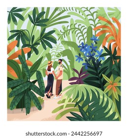 Love couple in nature, garden. Romantic man and woman, valentines walking in green park, tropical jungle with floral and leaf plants, flowers, greenery, vegetation around. Flat vector illustration