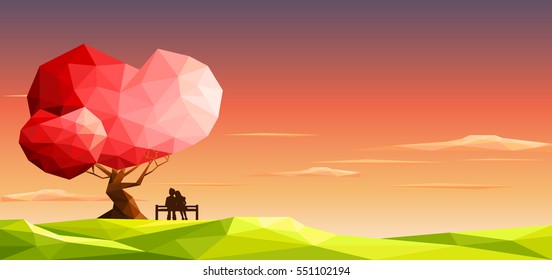 Love couple on bench under love tree. Valentine day concept.Polygonal style-Eps10 Vector Illustration.
