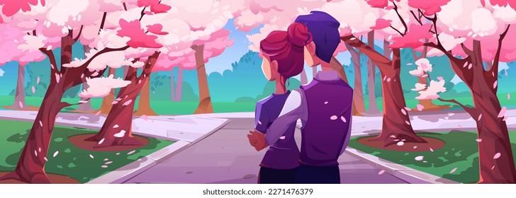 Love couple on date in spring park with japanese cherry trees. Romantic background with man and woman embrace in garden with sakura trees with pink flowers, vector cartoon illustration