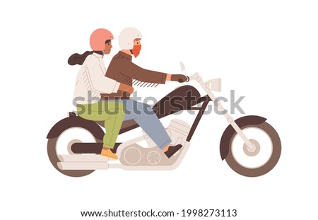 Love couple on motorcycle together. Man in helmet driving chopper with woman hugging him behind. Colored flat vector illustration of happy people on motorbike isolated on white background