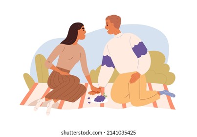 Love couple on picnic in nature. Romantic date of happy man and woman, relaxing together on blanket on summer holidays. Two enamored people. Flat vector illustration isolated on white background