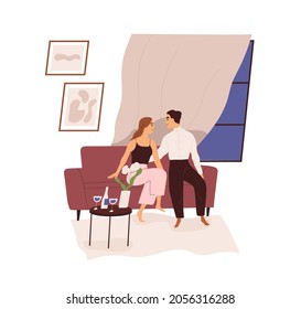 Love Couple On Romantic Date With Wine At Home. Man And Woman Sitting On Couch In Evening. Happy Intimate Valentines Passion. Colored Flat Vector Illustration Of Lovers Isolated On White Background