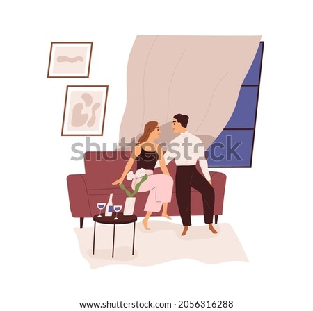 Love couple on romantic date with wine at home. Man and woman sitting on couch in evening. Happy intimate valentines passion. Colored flat vector illustration of lovers isolated on white background