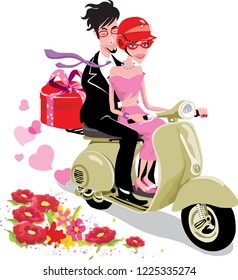 Love couple on a scooter, going to a party with elegant clothes and gift packs
  
