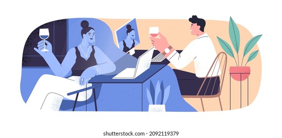 Love couple at online date. Internet call of man and woman with wine. Virtual romantic meeting of people at laptops. Video conference. Flat graphic vector illustration isolated on white background