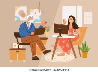 Love couple at online date. Internet call of man and woman . Virtual romantic meeting of people at computers. Video conference. Flat graphic vector illustration.