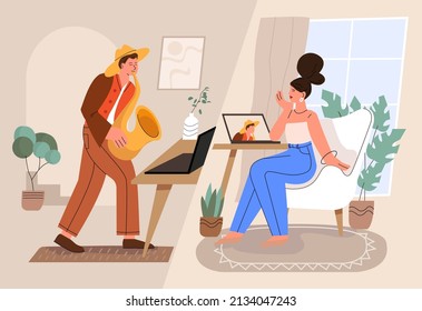 Love couple at online date. Internet call of man and woman . Virtual romantic meeting of people at computers. Relationships at a distance. Video conference. Flat graphic vector illustration.