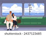 Love couple in overground metro, suburban train. Romantic man, napping woman passengers sitting in public transport, sea landscape view outside window. Railway travel, trip. Flat vector illustration