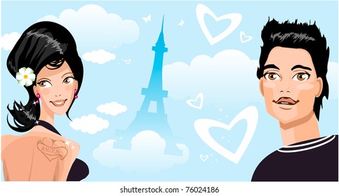 Love couple in Paris man and woman with heart in sky France