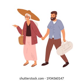 Love couple of people holding hands and walking. Man and woman of different ages traveling together. Old and young tourists. Colored flat vector illustration of travelers isolated on white background