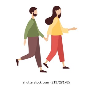 Love couple of people holding hands and walking. Man and woman relationship. Male and female psychology concept. Vector flat illustration