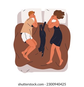 Pareja de amor, dueños de mascotas durmiendo con un gato lindo. Familia con gatitos en la cama, vista superior. Dulce sueño nocturno, descanso de hombre, mujer, felino. Ilustración vectorial plana aislada en fondo blanco