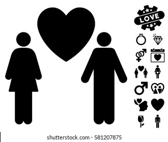 Love Couple pictograph with bonus amour symbols. Vector illustration style is flat iconic black symbols on white background.