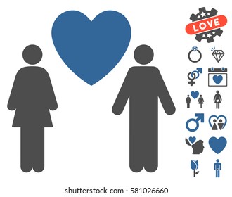 Love Couple pictograph with bonus decorative graphic icons. Vector illustration style is flat iconic cobalt and gray symbols on white background.