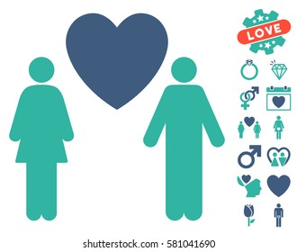 Love Couple pictograph with bonus romantic images. Vector illustration style is flat iconic cobalt and cyan symbols on white background.