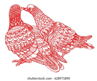 Love couple of pigeons, kiss and cuddle - vector illustration for Saint Valentine's Day, zentangle for adult colouring book