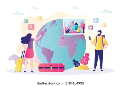 Love couple plans to go on trip. Concept of travel and holiday vacation organization. Man and woman choose city for travel online. Globe or world map with navigation points. Flat vector illustration