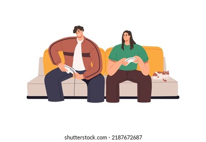 Love couple of players sitting on sofa with video game joysticks. Young man and woman friends playing videogame with consoles together at home. Flat vector illustration isolated on white background