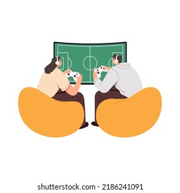 Love Couple Playing Online Video Game, Sitting In Front Of TV Screen With Soccer, Sports Videogame. Man And Woman Players Gamers With Consoles. Flat Vector Illustration Isolated On White Background