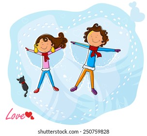 Love couple playing with snow in vector