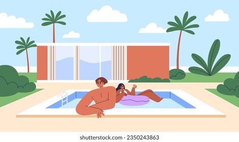 Love couple in pool. Happy man and woman swimming in water at resort with personal private villa. Young romantic people, tourists relaxing on summer vacation, holiday. Flat vector illustration